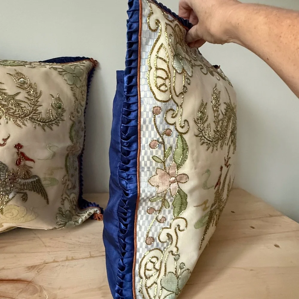 Vtg Golden Cloud Hand-Embroidered Bird Decorative Pillows Silk Blend Blue Trim